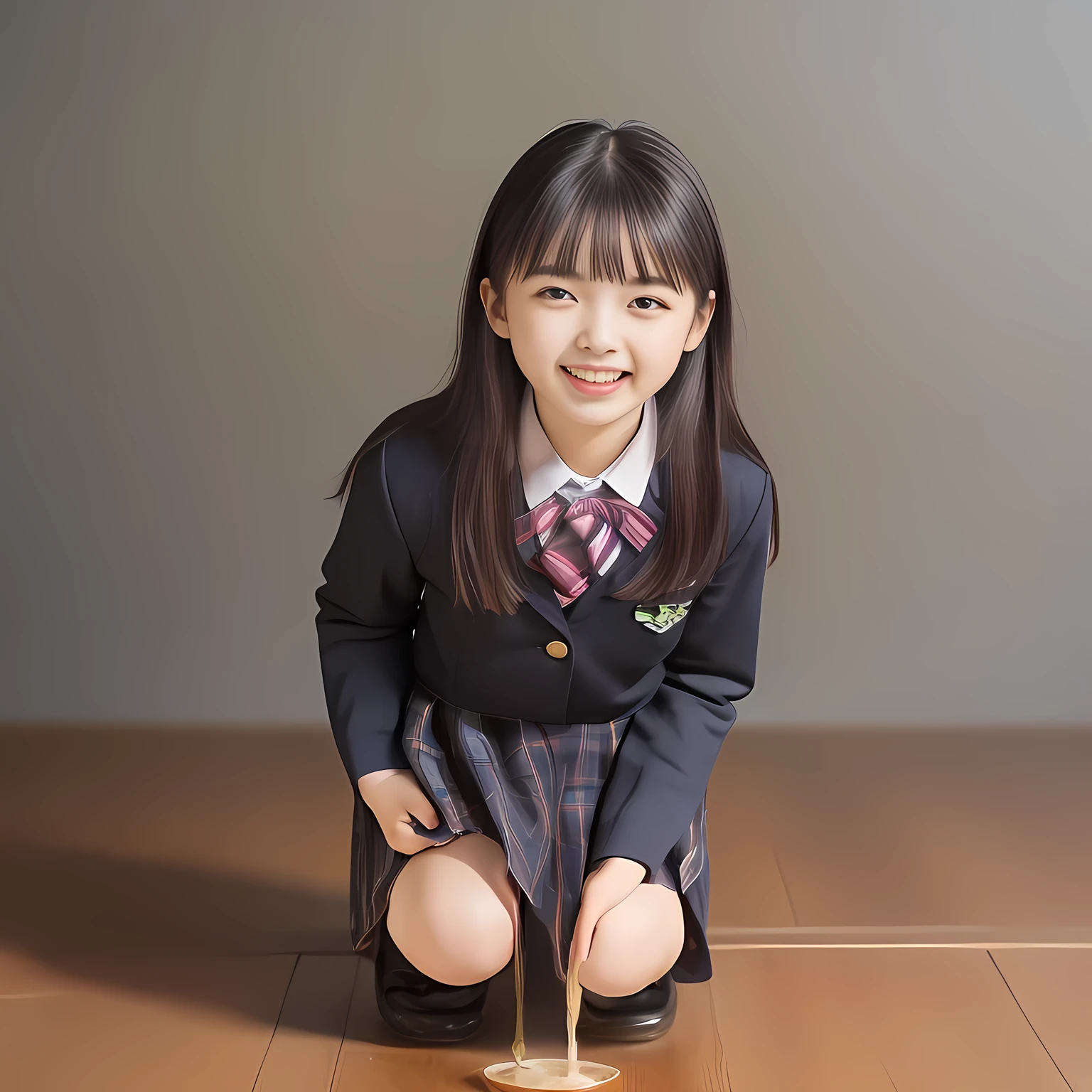 (Highest quality, masterpiece:1.2), Highest quality, High resolution, 1080P, 8k, clearly detailed, low-angle shot, height: 145cm, ((13yo)), (Some 13yo idol girls are inviting, bending down deeply at waist, and looking down at the floor, bending down deeply at her waist, their shining eyes are looking down at the viewer directly, Girls faces are looking down and coming close to the viewer, Low-angle-skirt-close-shot from below the girls' knees, ((skirt close shot)), only high altar of succubus in school underground background: 2.0) (Nobly bowing super-pretty shining-long-hair super-beautiful super-bewitching super-cute expensive school-uniform pretty slender 14yo-fashion-model of most-beautiful-school-uniform-girl-models photo-magazine in Japan, too beautiful aristocratic daughter laughing down at the viewer, in supreme bliss, bowing and accepts the viewer's every desire: 1.8), (long bottom eye-slashes, long top eye-slashes), (very bewitching beautiful full-open lips: 1.4), (neat gorgeous school uniform of private high school in Japan. navy-school-blazer with gold-emblem, super-neat navy-blue-lined-tartan-checkered light-sky-blue-pleats-school-skirt, super-girly plain-red ribbon on the breast: 1.5), (bewitching expression, smile, lips, and pose to corrupt the viewer, everything is planned and prepared to corrupt the viewer into the allusion of love towards the girl: 1.2), (clearly detailed foreground focusing on girl's beauty and cuteness, gorgeous blue girly bed background of full-of-girls girly-heaven: 1.2), (some girls are putting her beautiful both hands and fingers on the viewer to tear off the viewer's cloths lustily and forcibly, which may also open the viewer's brain, pouring her girly white ecstasy drool to the viewer: 1.5), (sky-blue school skirt, beautiful legs, loafers: 1.6), (detailed brown eyes: 1.5), (Strong lustful hypnotic wind blows her hair from her back: 1.4), (Too sweet much condensed milk is dripping from her hanged palms: 2.0)