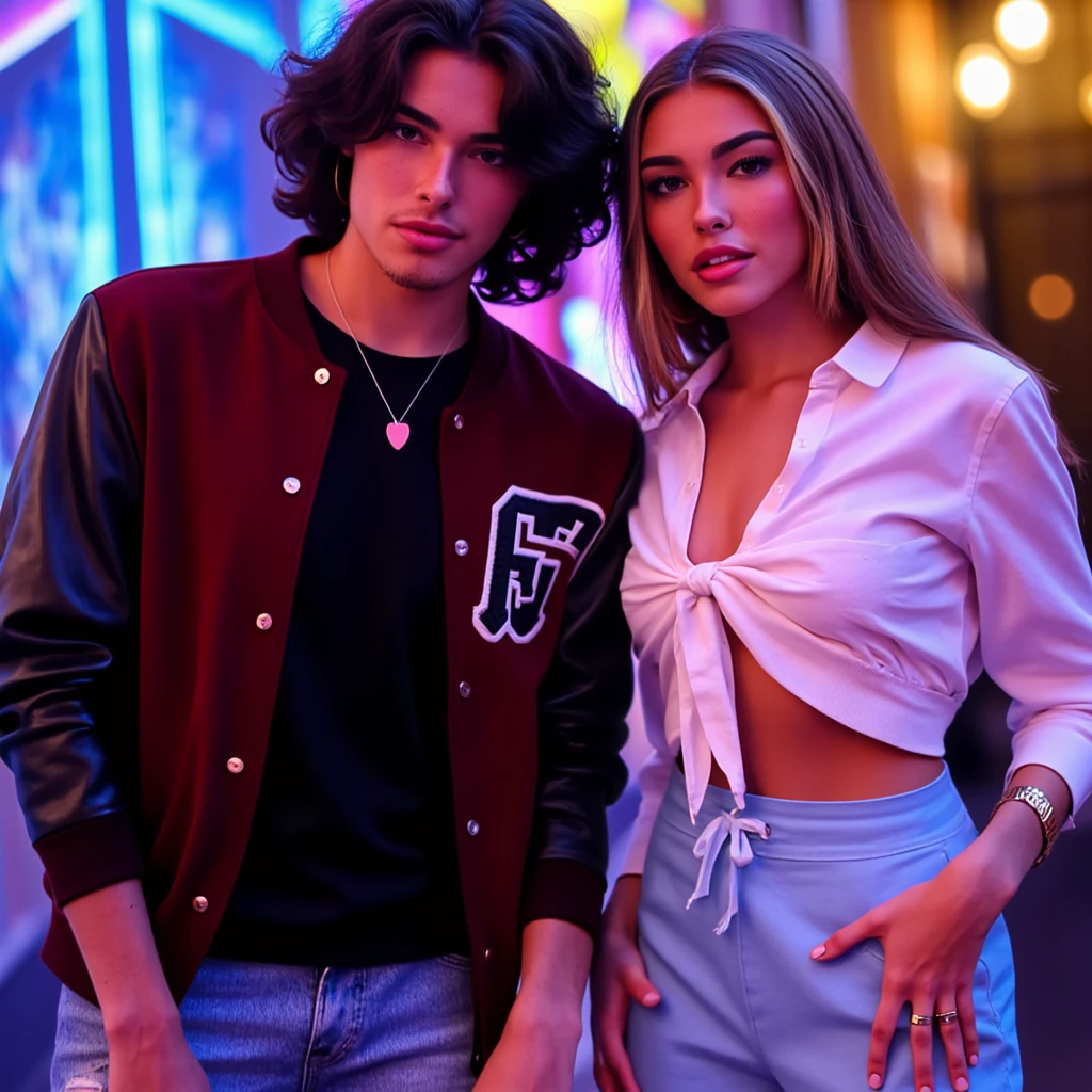 full body photo from the distance, 2 people photo shooting, college dorm, neon lights, having fun together, laughing, hot, 1 thin good looking rockstar American male 25 years old with medium length curled black hair with dark red wool college jacket and black leather sleeves, with black sweater and blue jeans, small pink plectrum necklace, gorgeous woman with long blonde hair, tight white shirt shirt big boobs, light blue sweat pants, seductively smiling, recording studio making music, high heels, sexual, jewelry, big gold hoop earrings, parted lips, midriff, pants, necklace, bracelet, lips, realistic, midriff peek, professional Photography, Photorealistic, detailed eyes, RAW, analog, sharp focus, 8k, HD, DSLR, high quality, Fujifilm XT3, film grain, award winning, masterpiece,