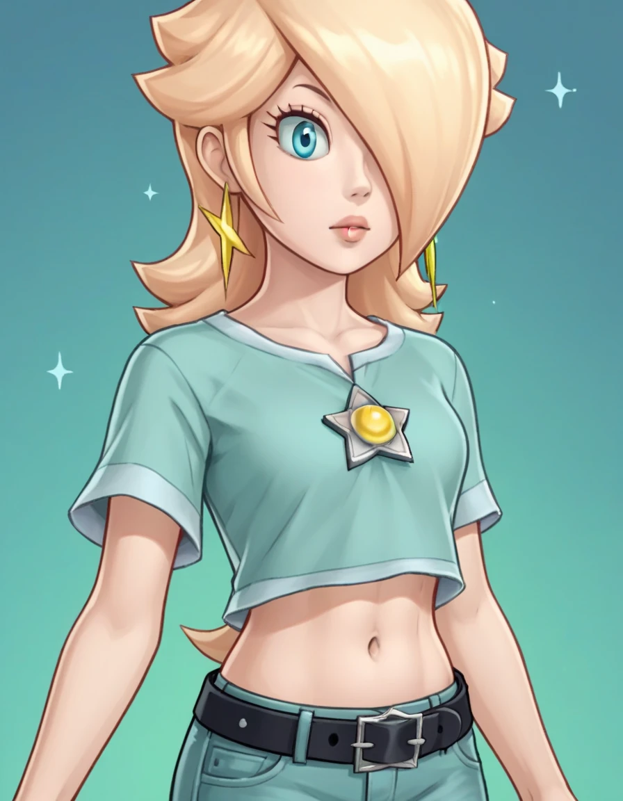 score_9, score_8_up, score_7_up, source_anime, rosalina, blonde hair, blue eyes, hair over one eye, long hair, star earrings, solo, cowboy shot, black t-shirt, taut clothes, midriff, navel, jeans, black belt