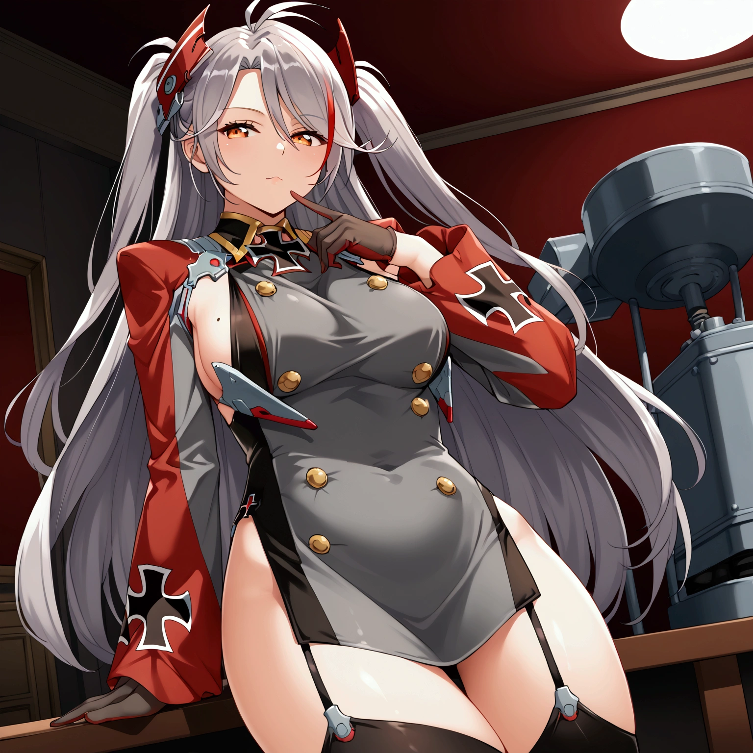 prinz_eugen, orange eyes, grey hair, long hair, streaked hair, bangs, two side up, antenna hair, headgear, mole, mole on breast, grey dress, short dress, long sleeves, sideboob, pelvic curtain, iron cross, black gloves, garter straps, black thighhighs, stand, Confident pose, Room, Displeased face, Beautiful view, good atmosphere, Thigh