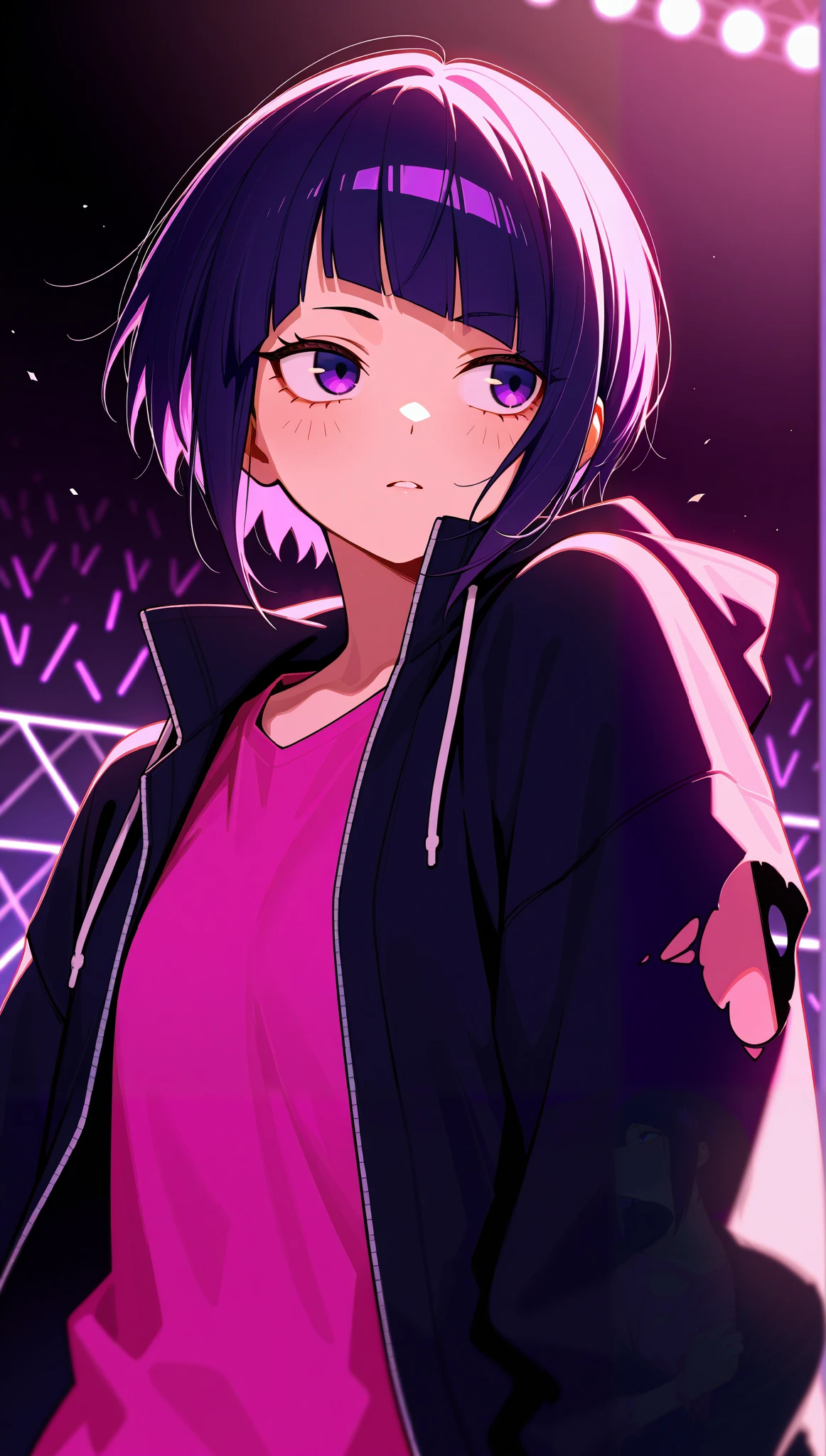 Anime girl with purple hair and black jacket standing in front of a ...