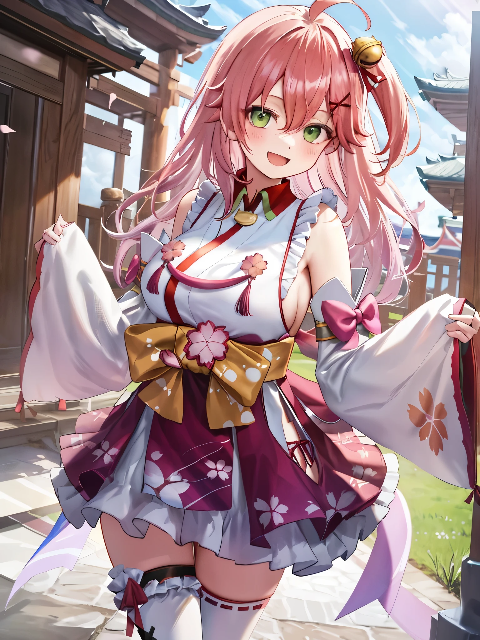 masterpiece, best quality, highres, miko1, sakura_miko, 1girl, big_boobs, solo, ahoge, x_hair_ornament, pink_hair, floral print, hairclip,(side_less_clothes:1.5), (side_boobs:1.5), hair_bell, floral print, long_hair, hair between eyes, one side up, white thighhighs, asymmetrical legwear, wide sleeves, open_mouth,(happy:1.3),gleen_eyes,big_smile,(rise_leg:1.3),plump,apart_legs,(overly_long_sleeves:1.3),),sleeves_past_wrists,hands_hidden_sleeves,sidelock_clothes,dynamic_posing,solo,hidden_wrists,(XD:1.4),covered_nipples,sunlight,cherryblossom_temple_landscape_background,
