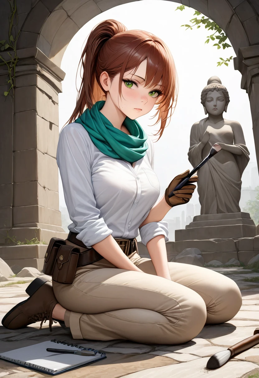  (masterpiece, high detail, photorealistic:1.2), (vibrant colors:1.1), A determined and elegant female archaeologist kneeling near an ancient mosaic floor, carefully brushing away dirt to reveal intricate patterns. She has shoulder-length auburn hair tied back in a practical ponytail, a few loose strands framing her sharp green eyes and lightly freckled face. She wears a fitted white button-up shirt with sleeves rolled up to her elbows, paired with beige trousers tucked into sturdy brown boots. A lightweight scarf is loosely wrapped around her neck, and she has a leather utility belt with small pouches containing excavation tools. A pair of gloves and a notebook are placed beside her on the ground, and she holds a small brush and a magnifying glass in her hands. The background features a partially unearthed ancient ruin with towering stone statues, fragmented pottery, and vines creeping through cracks in the structure. The scene is lit with a soft, warm light, highlighting her focus and passion for discovery.