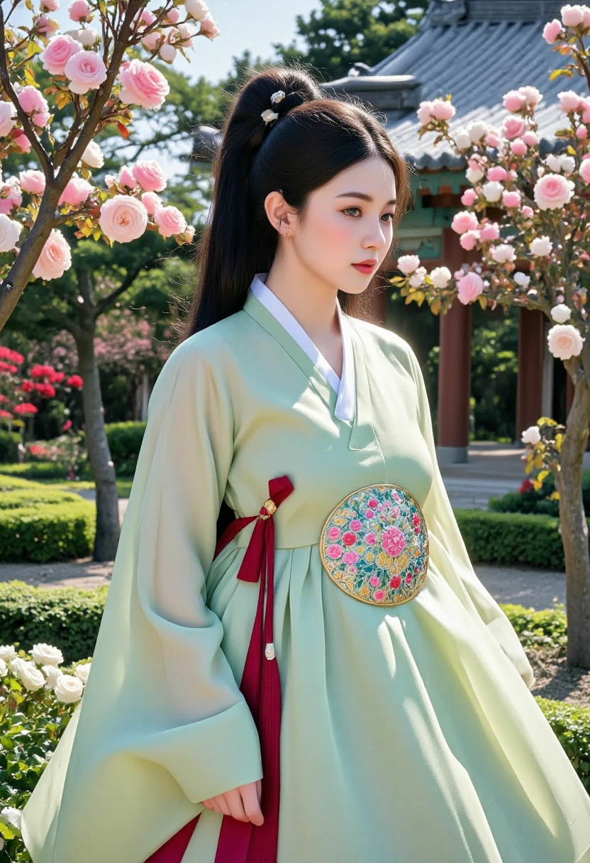 A beatiful indonesian woman, wearing traditional korean hanbok, walking at the garden street with cherry blossom tree flowers and joseon era pagoda temple as background detail. look at the viewer, natural light, realistic photography, wide angle shot.