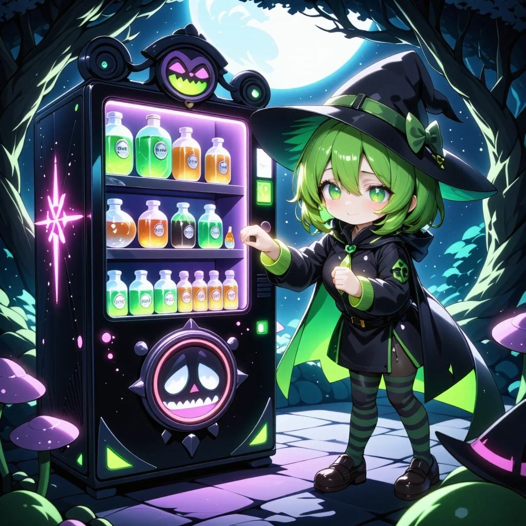 A close-up, whimsical yet slightly sinister scene of a 'Poison Vending Machine' designed for witches, glowing with vibrant green and purple lights. A cute and charming anime-inspired witch stands close to the vending machine, shown in close-up. She has bright green hair, large sparkling eyes, and a mischievous, sly grin with a hint of dark humor, as if she is plotting something. The witch is dressed in a stylish black and green outfit with a pointy hat, flowing cloak, and striped stockings. She holds a glowing poison vial, which reflects on her face, giving her an eerie yet adorable look. The vending machine in the background displays ominous items like glowing green poisons, cursed potions, and enchanted bottles labeled with skulls and magical symbols. The setting includes twisted trees, glowing mushrooms, faint magical particles in the air, and a moonlit dark forest, creating a mix of charm and dark fantasy. High-detail illustration, anime-inspired style, vibrant lighting, magical realism, cinematic composition.
