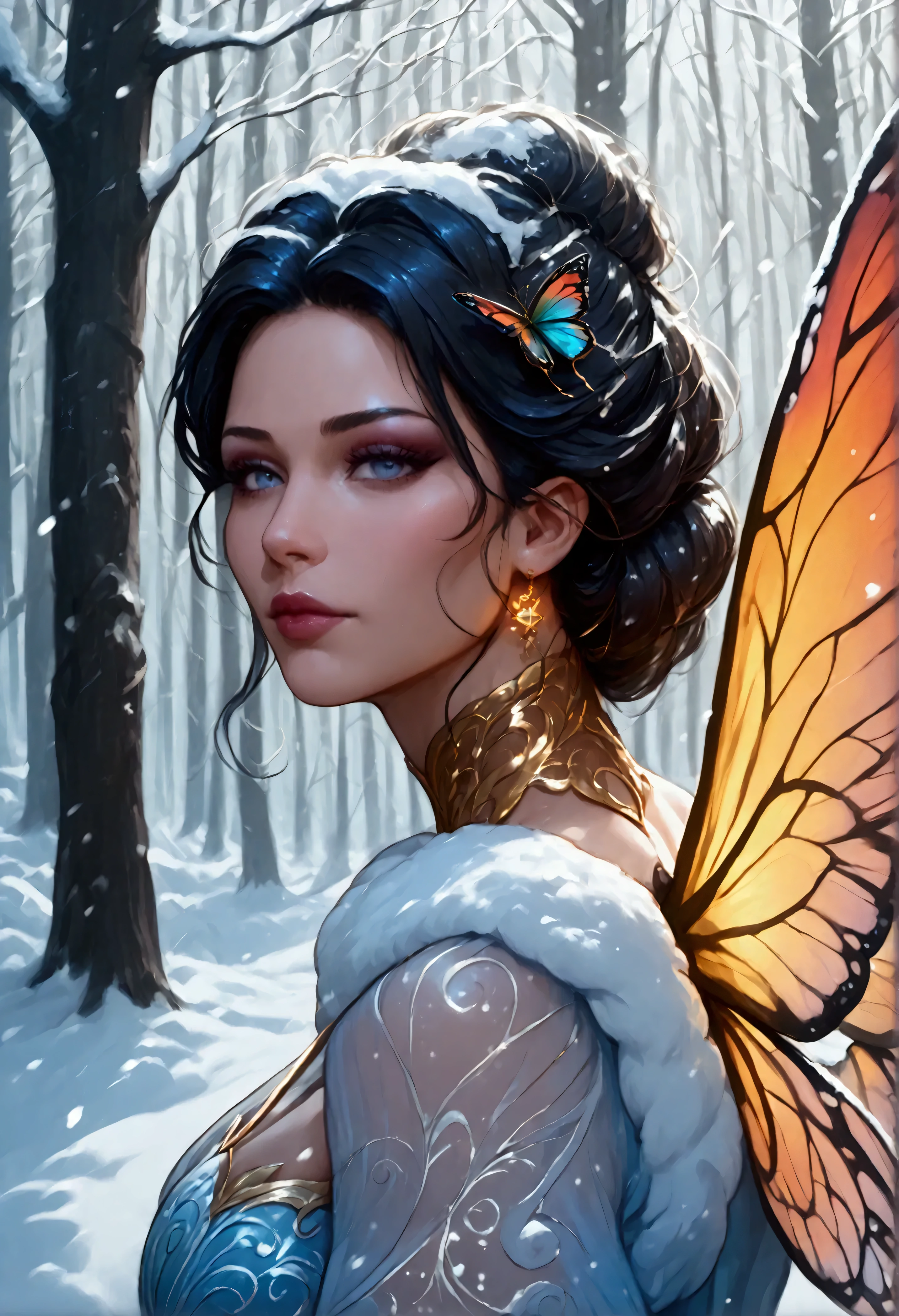 score_9, score_8_up, score_7_up, score_6_up, score_5_up, score_4_up, fantasy portrait of a beautiful fairy playing in the snow, full body shot,  a beautiful fairy, spread butterfly wings, dynamic hair color, dynamic hair style, best detailed face, ultra detailed face,  busty, wearing colorful silk dress, intricate silk, wearing high heels boots, she is playing the snow, fresh snow in the forest, high snow, High Detail, Ultra High Quality, High Resolution, 16K Resolution, Ultra HD Pictures, Ultra Realistic, Clear Details, Realistic Detail, Ultra High Definition,  black stockings, Wings, magic, 