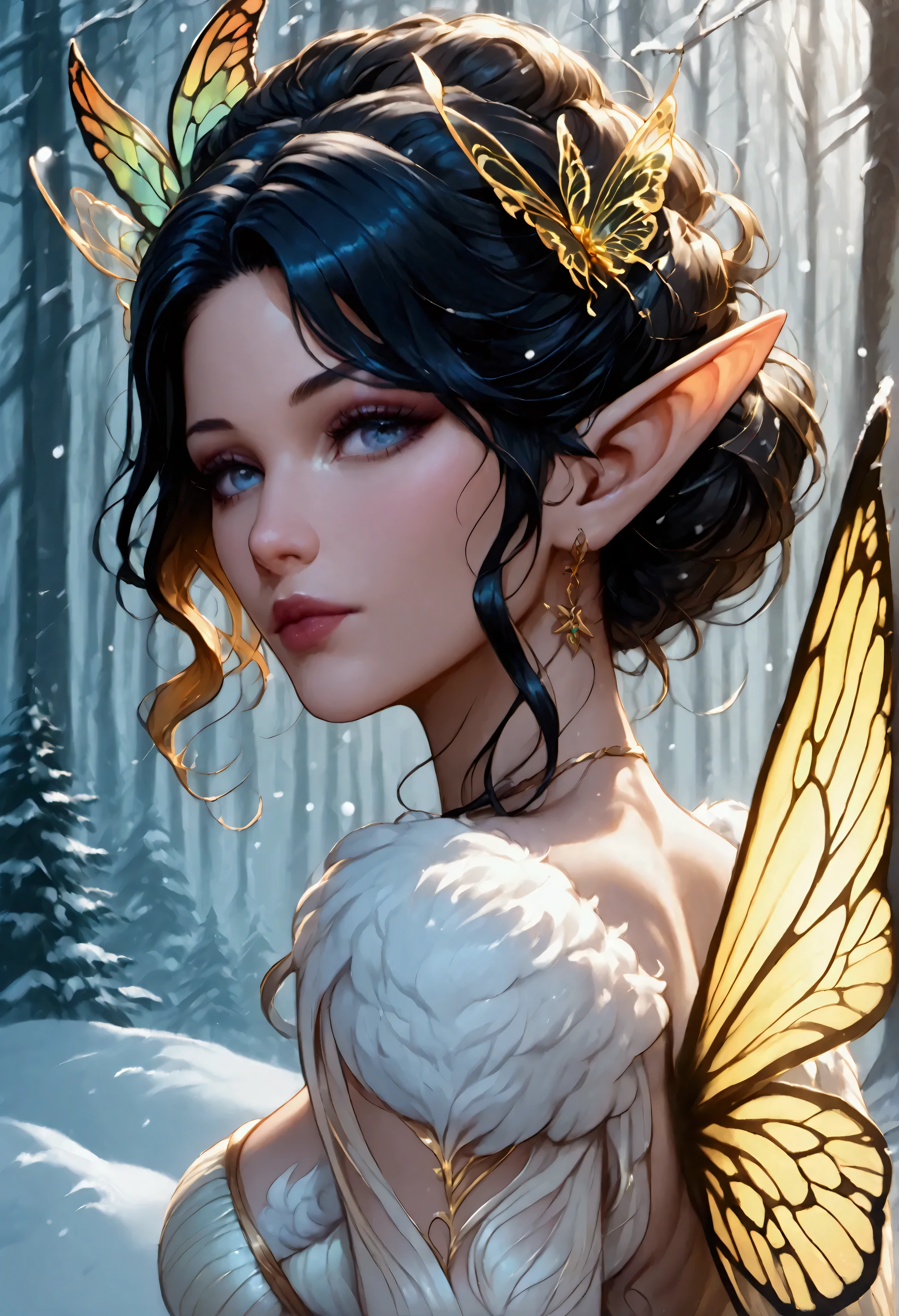 score_9, score_8_up, score_7_up, score_6_up, score_5_up, score_4_up, fantasy portrait of a beautiful fairy playing in the snow, full body shot,  a beautiful fairy, spread butterfly wings, dynamic hair color, dynamic hair style, best detailed face, ultra detailed face,  busty, wearing colorful silk dress, intricate silk, wearing high heels boots, she is playing the snow, fresh snow in the forest, high snow, High Detail, Ultra High Quality, High Resolution, 16K Resolution, Ultra HD Pictures, Ultra Realistic, Clear Details, Realistic Detail, Ultra High Definition,  black stockings, Wings, magic, 