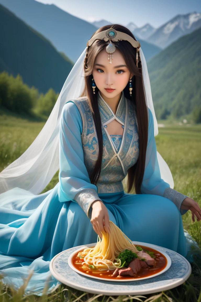 The photograph shows a young Kazakh woman, about 25 years old. Long flowing hair, beautifully framing her face, silver jewelry on her head. Dressed in traditional Kazakh clothes of light blue color. On top of the clothes is a velvet light blue vest from under which boobs are visible, a translucent light blue dress from under which the groin area is visible (hairy overgrown pubis), (long legs), which clearly emphasizes her ethnicity and cultural heritage. The woman is dancing on a giant plate among lagman, a traditional Uyghur dish consisting of noodles, meat and vegetables. This creates an interesting and unusual visual effect. Her anatomically correct hands fit harmoniously into the composition, creating a sense of naturalness and grace. The photo is taken in high quality, which allows you to examine in detail the texture of the clothes and the facial expression of the model, conveying an atmosphere of coziness and tradition. exposing her beautiful breasts, clearly highlighting her ethnicity and cultural heritage. In the background, majestic mountains are visible, adding depth and context to the scene, highlighting the beauty of nature.