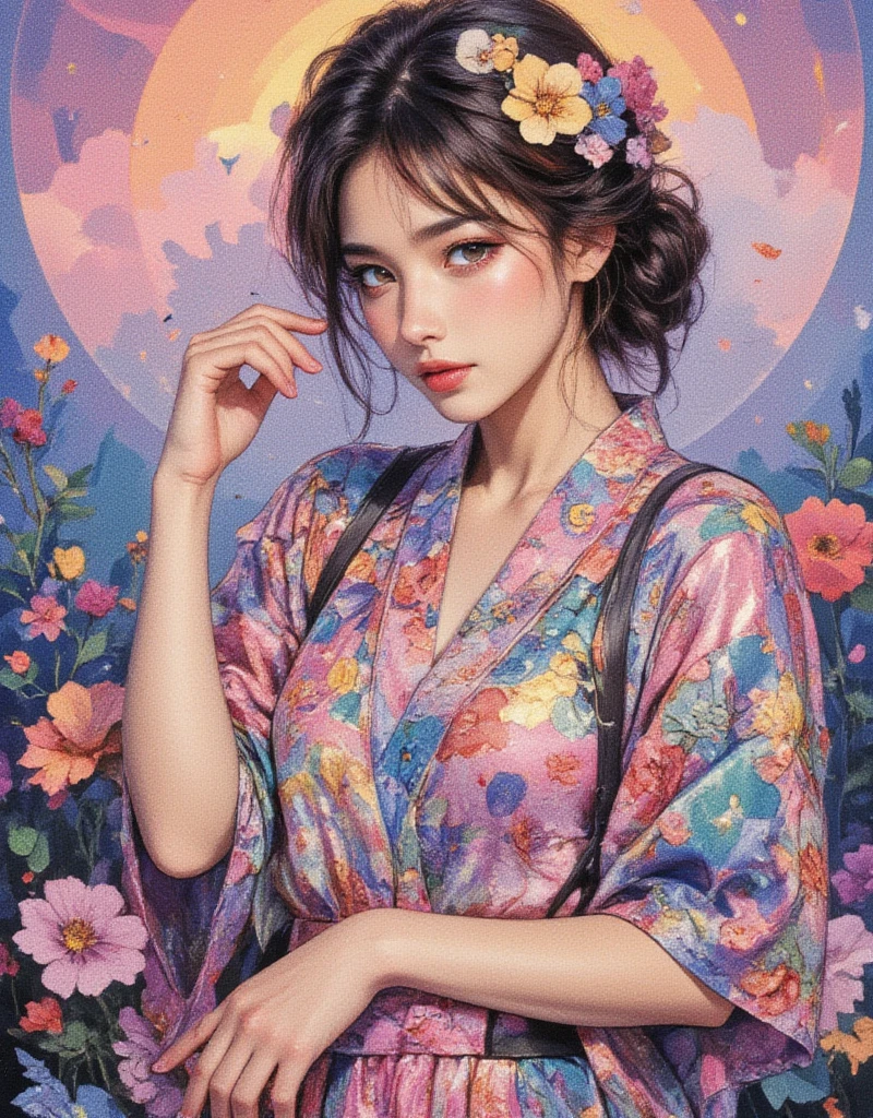 Woman wearing a Japanese very short yukata, Groovy retro vibes, Love and Peace Psychedelic, Hippie Girl Portrait and Flowers, Floral Hippie Art, Colorful Psychedelic Floral, flat Illustration, ArsMJStyle, Oil Pastels, drawing