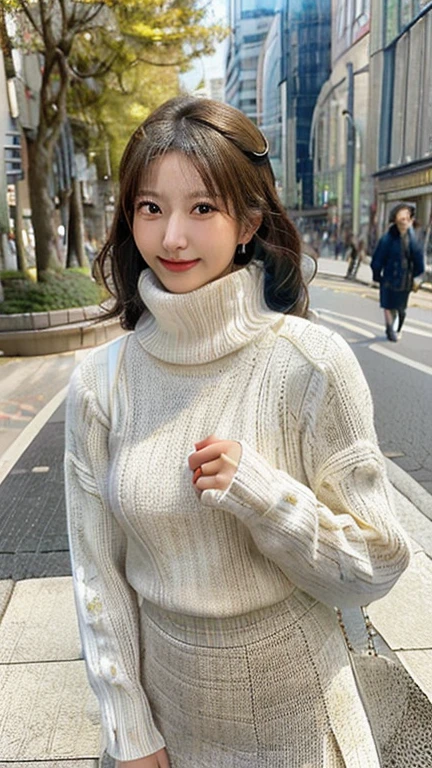 photorealistic, high-definition, A young Japanese woman, age 18, with a round, youthful face and a cheerful smile, wearing a white turtleneck sweater and a stylish skirt. She has a slender figure with a noticeable bust. She is walking down a lively street in Ginza, Tokyo, with city buildings, storefronts, and fashionable pedestrians in the background. Natural sunlight illuminates the scene, and her pose is casual and confident. Photorealistic, high-resolution, detailed facial features, modern urban setting.