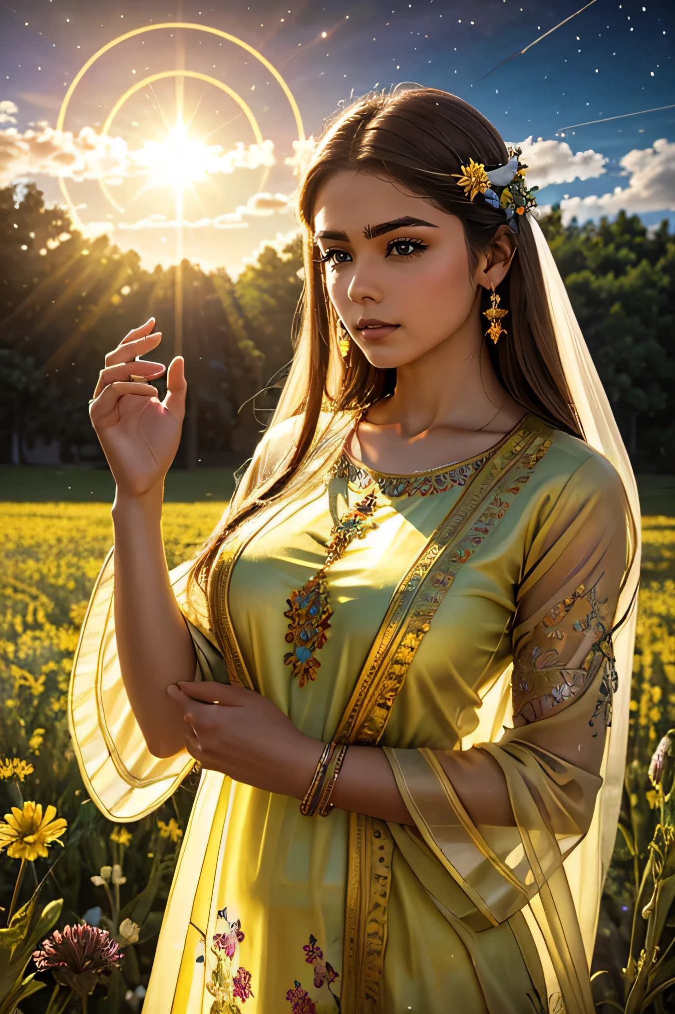 Outdoors, the sky, the halo, divine light shines from all directions,Masterpiece, highest, quality, high resolution and high quality detailed,Awesome beautiful woman.  Sacred and solemn ornaments, worn around the head, wrists, neck, and waist.Goddess Physis.  Dressed in a transparent yellow tunic, adorned by floral and natural elements.  Small breasts.  In the background, a beautiful field of wildflowers.  Realistic photo.  Ultrareal. RAW PHOTOS 