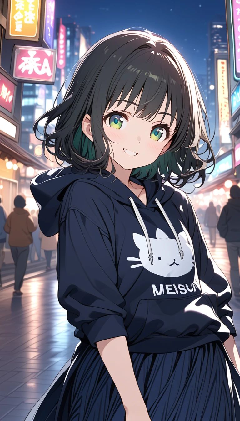 {{{masterpiece}}}, {{{ top quality }}}, {{ Ultra Details}}, { beautiful,  detail eyes},  1 girl, Alone, (( black hair)),  bob cut, (( green eyes)), (wavy hair ), (pattsun maegami), Black headphones, (cute black patterned hoodie ), cute black patterned hat,( cute black long skirt), is a smiling face ,tooth,pattsun maegami,Midea, Black Hoodie , jade colored eyes,Night City,
