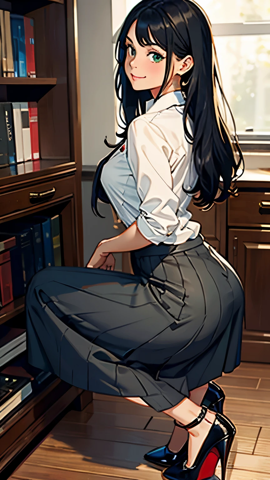    ((masterpiece, high resolution, better quality, better details)), ((Smiling)), ((one girl)) a girl sitting at a large wooden desk, full body, wearing a pleated maxi skirt, long skirt, ((long skirt without openings)), paired with a fitted cardigan, ((Louboutin high heels)), green eyes, ((black hair, long hair)), shiny skin, ((top view)), solo, from above, full body, focus full body, in a stylish office, writing in a notebook