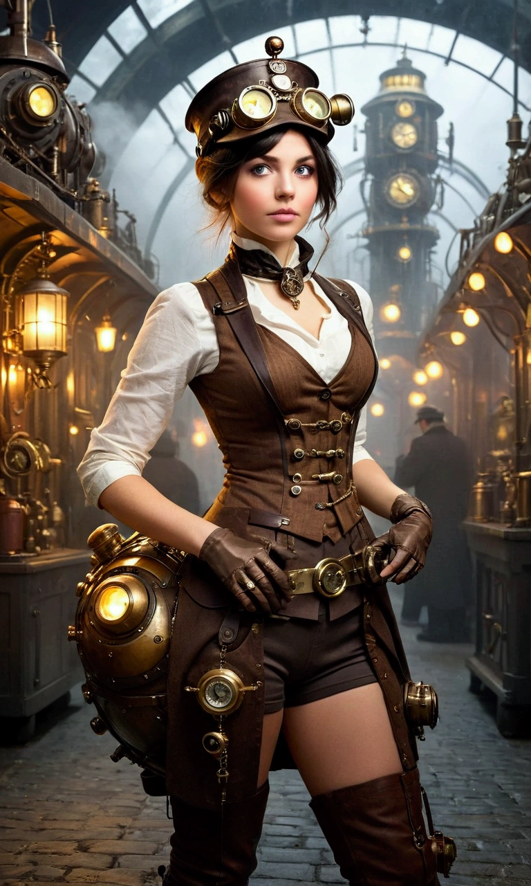 A cute woman (cute, age 22, role of a steam punk explorer, sexy costume, many gadgets and clockwork doohickeys) she is riding on her clockwork steam driven Christmas tortoise, winter wonderland
