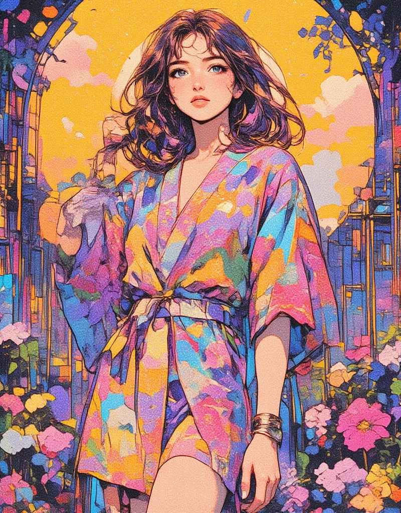 Woman wearing a Japanese very short yukata, Groovy retro vibes, Love and Peace Psychedelic, Hippie Girl Portrait and Flowers, Floral Hippie Art, Colorful Psychedelic Floral, flat Illustration, ArsMJStyle, Oil Pastels, drawing