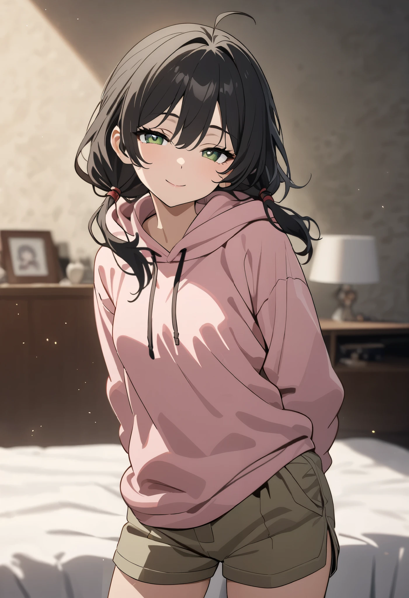 (high-quality, breathtaking),(expressive eyes, perfect face) 1girl, female, solo, mature, half open eyes, Alicization, Symmetrical Eyes, happy smile, long pigtail hairstyle, SAO inspired, maomao, cowboy shot, medium full shot, long black hair, bangs, alluring green eyes, small breasts, (Oversized pink hoodie), black white and gray palette, gray clothes, hair between eyes, fluffy wavy hair, half open eyes, small Ahoge, black hair color, khaki cargo shorts, looking towards viewer, HD, High quality image, dusty particles floating around, neat and tidy bedroom background