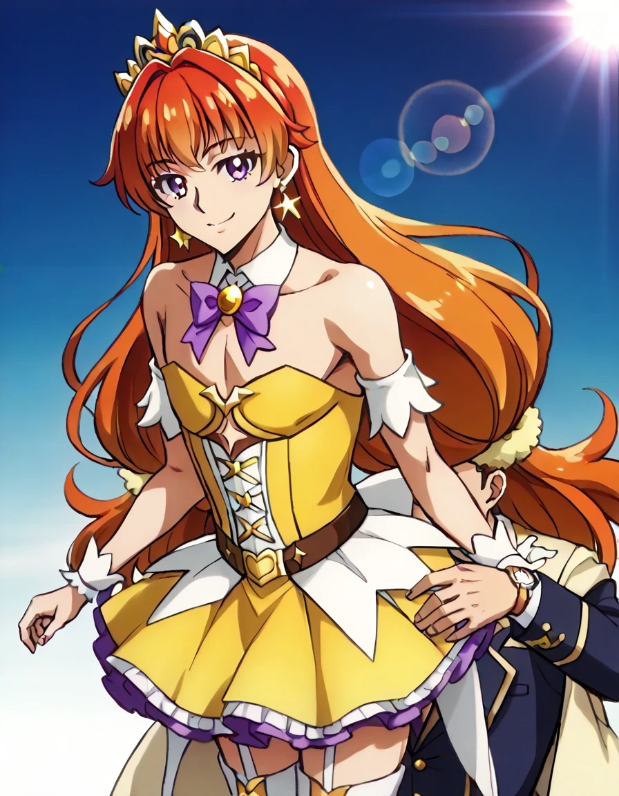 score 9 、score 8 up、score 7 up、source anime、masterpiece、最 High Quality 、 high definition 、 Watch viewers、 is written by、 standing with different breasts 、 cowboy shot、1boy、Alone、 detailed background、(male:1.75)、male focus、(male body:1.75)、cure twinkle、 orange hair、 very long hair、Yellow Dress、 strapless dress、purple petticoat、purple neck bow、white thigh boots、earrings、white hair ribbon、tiara、smile、((gradient background))、lens flare、1boy、Alone、 Look at the Viewers 、smile、Alone、 contrast post 、smile、 Look at the Viewers 、(cowboy shot:1.5)、 Closed Her Mouth 、 High Quality 、 Look at the Viewers 、shy、smile、最 High Quality 、