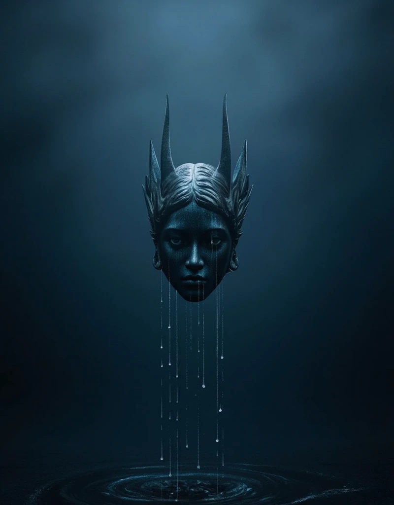  dark ethereal blue , Foreground is a metal floating head sculpture with water dripping down from its head like sweat ,empty space, Dripping to nothing 