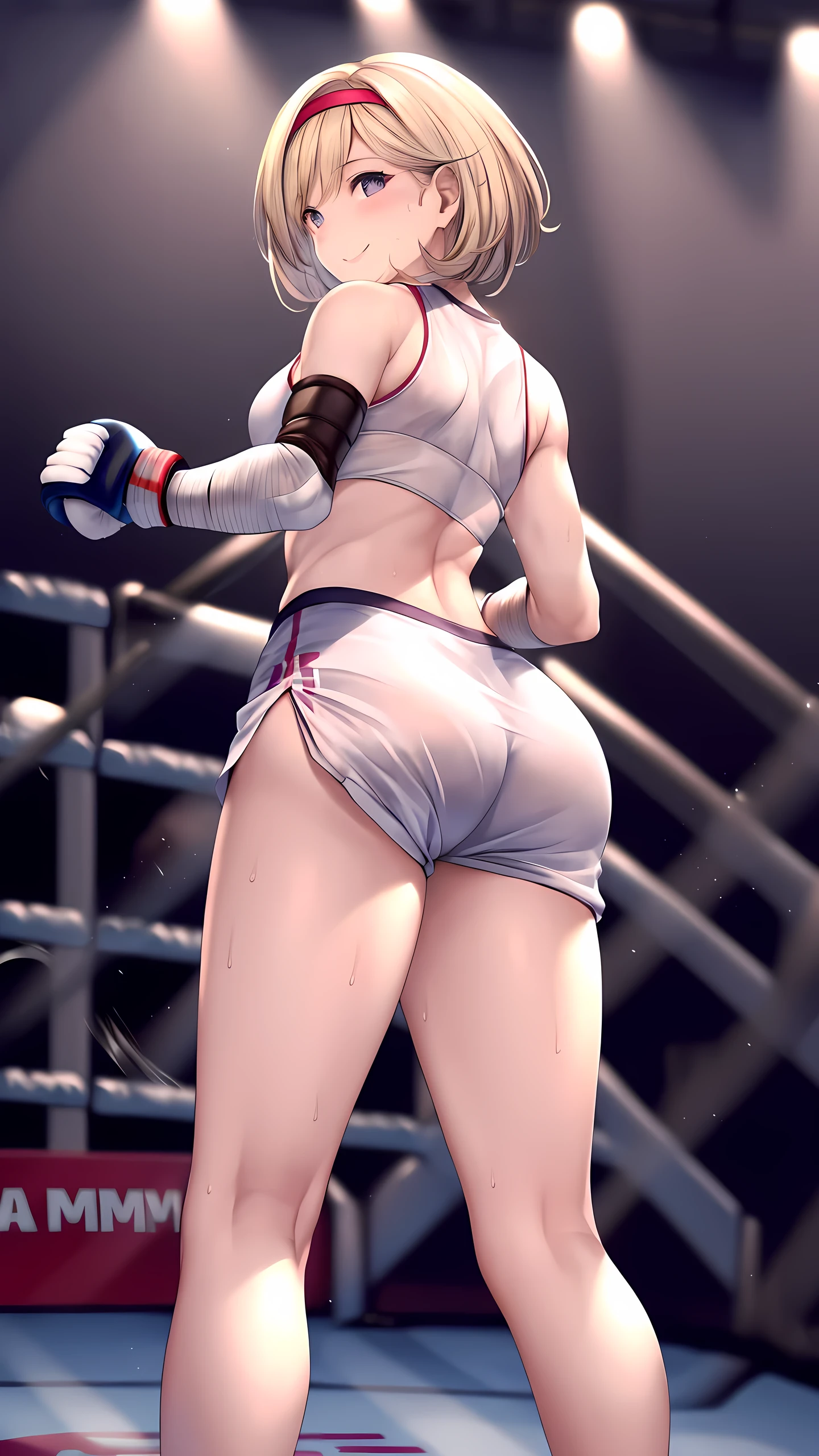 djeeta_(granblue_fantasy), Detailed eyes,(wearing sports wear:1.5, bare thigh), Her slim legs are really cute.,Very beautiful long legs, Perfect body,(Independent),(on MMA Arena :1.5),smiling, Toned body,Ultra HD,Detailed eyes,Detailed face,full body shot, looking at viewer,(from behind below),sweaty,long legs,twisting the waist,depth of field,