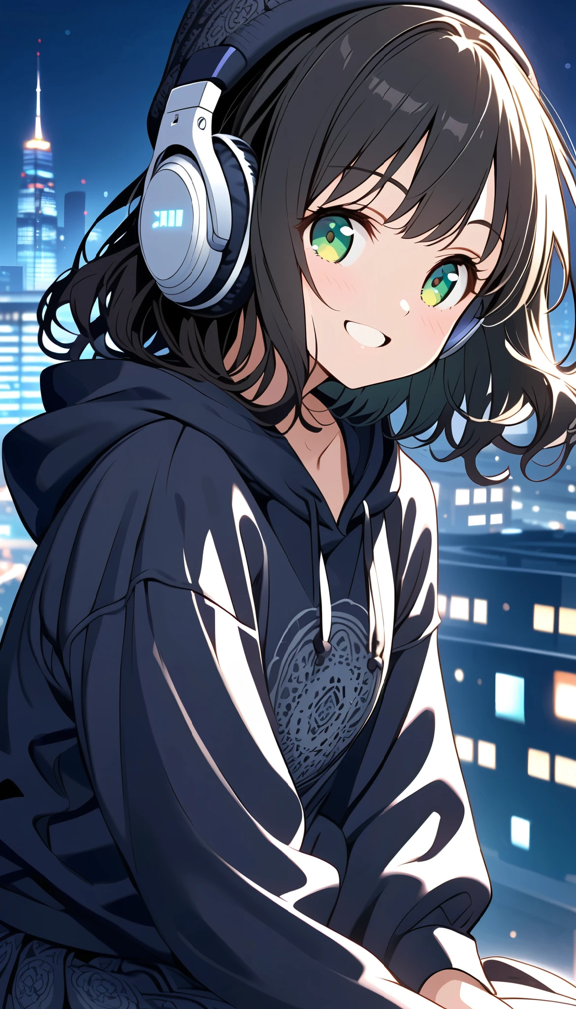 {{{masterpiece}}}, {{{ top quality }}}, {{ Ultra Details}}, { beautiful,  detail eyes},  1 girl, Alone, (( black hair)),  bob cut, (( green eyes)), (wavy hair ), (pattsun maegami), Black headphones, (cute black patterned hoodie ), cute black patterned hat,( cute black long skirt), is a smiling face ,tooth,pattsun maegami,Midea, Black Hoodie , jade colored eyes,Night City,
