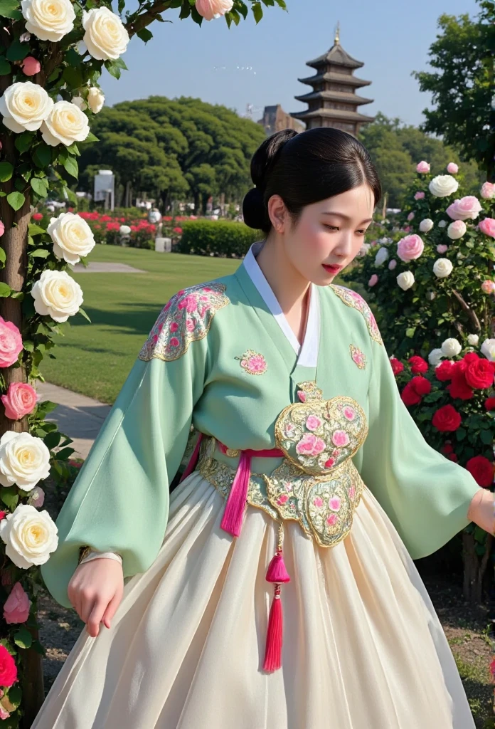 A beatiful indonesian woman, wearing traditional korean hanbok, walking at the garden street with cherry blossom tree flowers and joseon era pagoda temple as background detail. look at the viewer, natural light, realistic photography, wide angle shot.