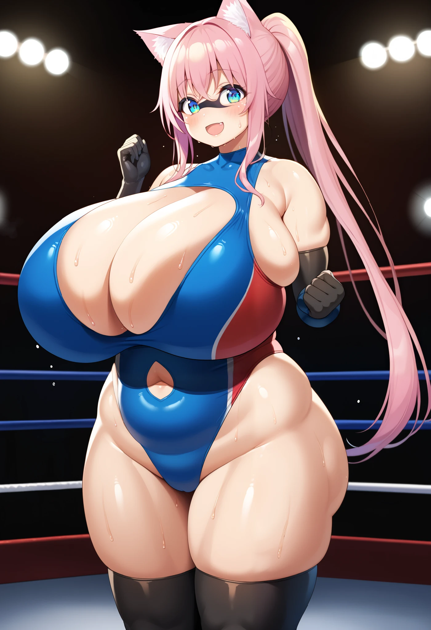 cat girl,1girl,nose blush, pink hair, long hair, ponytail, smile, open mouth, cleavage cutout, gigantic cleavage breasts, chest twice the size of the body, gigantic tits, plump, curvy, ssbbw, blue highleg leotard, wrestling outfit, domino mask, stomach cutout, thigh high socks, elbow gloves, shiny skin, wet skin, (sweat:1.5), pose, medium shot, in the sports gym, nsfw