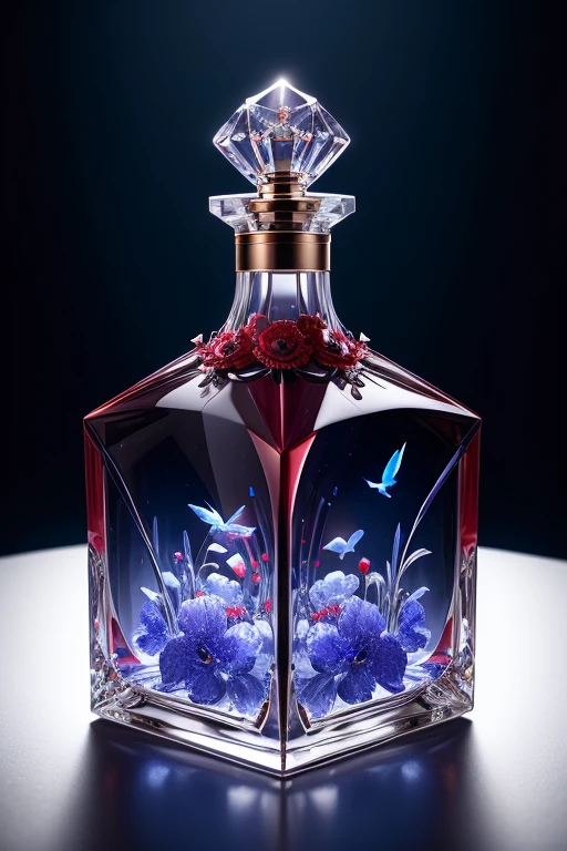 Bottle Design  、 rococo luxury square crystal perfume bottle decorated with beautiful violet flowers and birds、　  decorated with beautiful violet flowers and birds、milk colored background  　 Silver lighting、 30 megapixel   、  Photographed by a Professional Photographer  、Excellent lighting、  Masterpiece