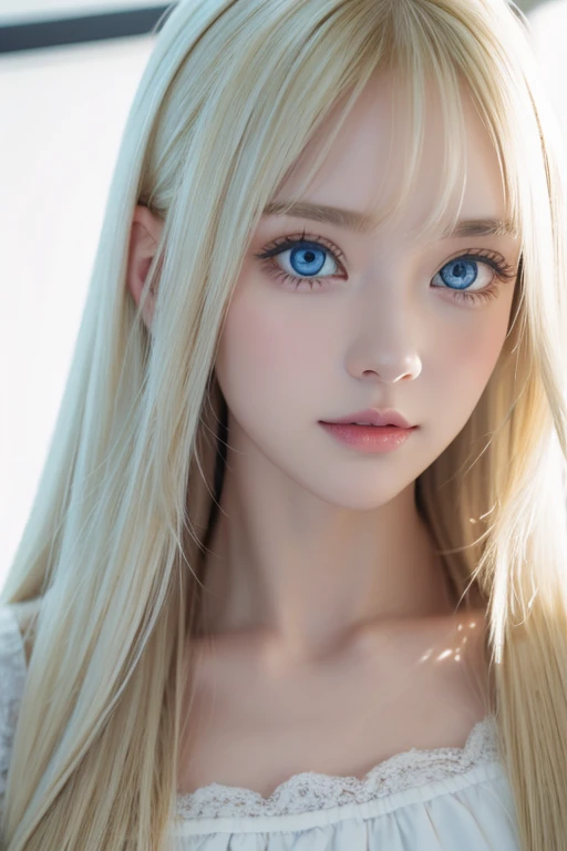 Nature photography of a beautiful girl, Wear a loose-fitting crop top, to protect myself, Super long,puffy blonde hair, large bust, messy bangs between eyes、fix your gaze on the camera, eye shadow, symmetrical eyes, plane of symmetry, photorealism, photography, Pfadverfolgung, specular lighting, Volumetrisches Gesichtslicht, path traced hair, visible shadow, complicated, expensive, blank background、Very beautiful bright light blue eyes、very big eyes、very white bright glossy skin、cheek gloss highlight