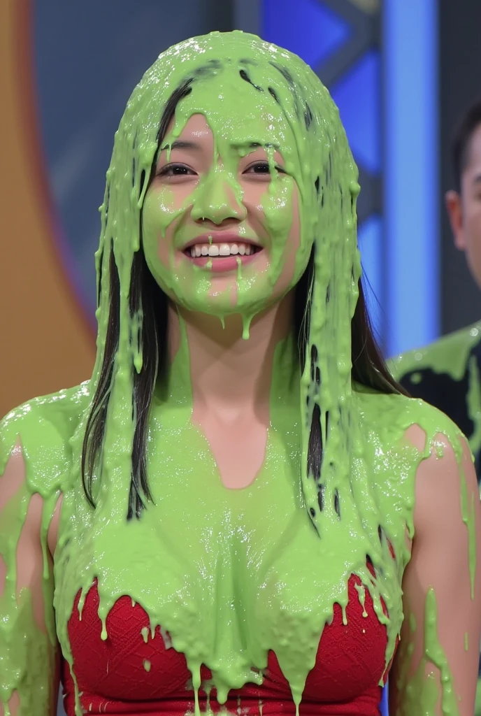 DSLR photograph of Chinese teen covered in green sticky liquid. Photorealistic. Glistening liquid. Nasty slime. Raw photo. F/1.4 aperture. 35mm. Red lace bra. Cleavage. Gameshow. Portrait photograph. Green Slime. Dripping green goo. 18 years old. Chinese teen. Chinese girl. Flash photograph. Custard.