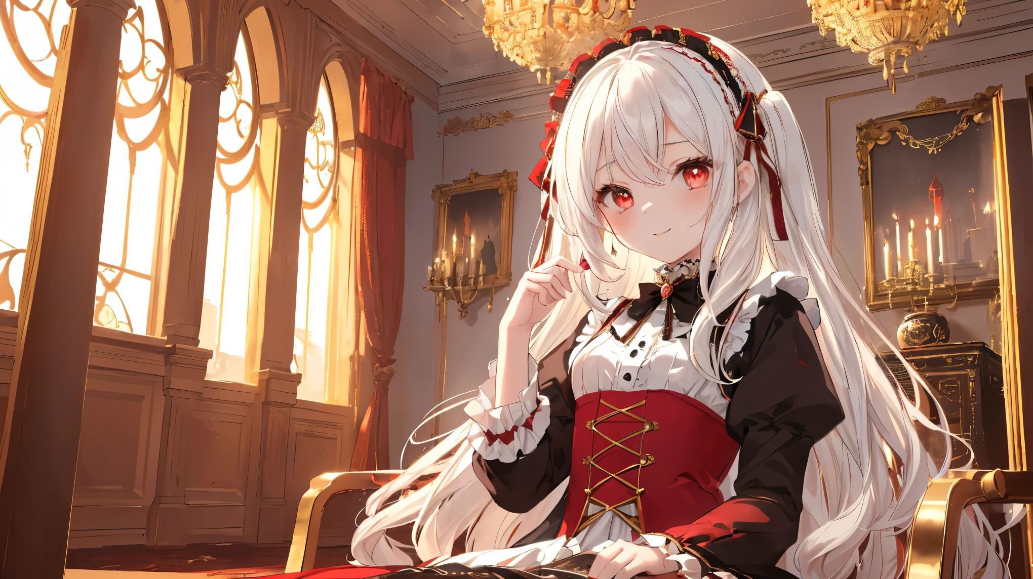 high image quality , masterpiece, delicate hair here , Delicate Eyes Full of Determination , delicate hair here , ((masterpiece, 最 high image quality )), high image quality , masterpiece, delicate hair here , Delicate Eyes Full of Determination ,(Photo Original), Girls Playing Pranks , (( of a -yeld giwith white hair and red eyes , sits gracefully in an ornate room decorated in red and gold , Gothic Lolita Dress , Small and delicate, champion'The attitude , intelligent gaze and gentle smile , Intricate braided hairstyle , antique cross necklace , expandable rune baton nearby )), chess board and side table mystery novel , bookshelf and whiteboard with intricate pictures in the background , sits gracefully in an ornate room decorated in red and gold , digital art style , Anime Influences , Details, High Quality ,Ash,((Ink wAsh painting)),((ink splAshing)),((color splAshing))