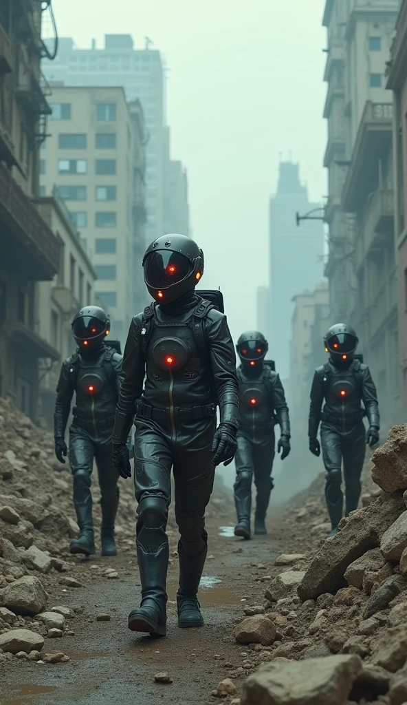 enerate an image of people wearing high-tech protective suits in a crowded city to prevent the virus spread.