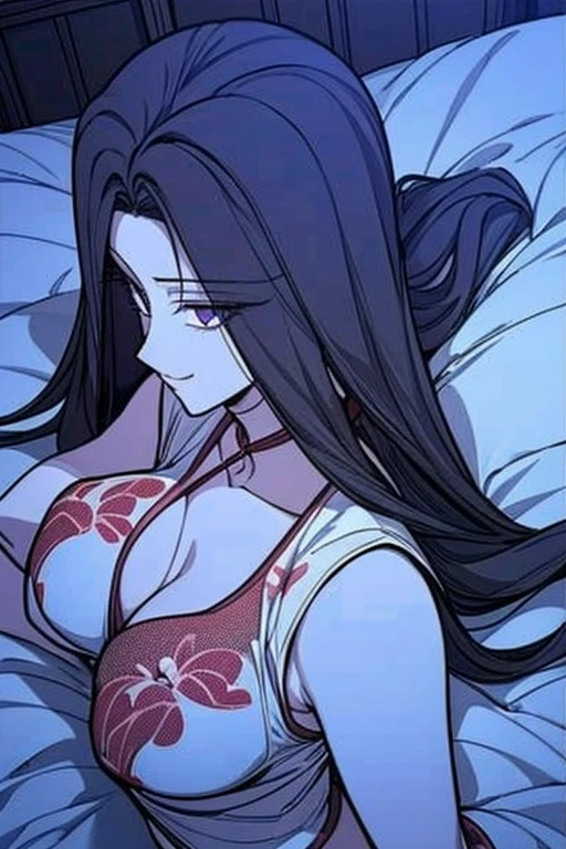 yoo iseol, black hair, long hair, pale violet eyes, Masterpiece, best quality, very detailed, Ultra high resolution, (photorealistic:1.4), 1 girl, alone, long hair,,8k hdr, 1 girl, medium-large breast, bright eyes, , big breasts,Spread your legs,have ,((Plum blossom print sexy lingerie)),((In the chinese bed)), sexy、 beautiful body 、Cowboy Shot,masterpiece、A kind smile