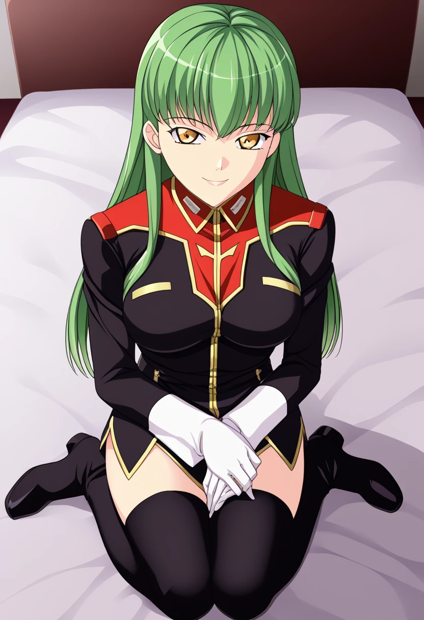 score_9、 score_8_up、 score_7_up、  1 girl、Alone、 1 girl、cc、bangs、Green Hair、 long hair、 yellow eyes、Big Breasts、、{{{{  titan costume  }}}}、、uniform、  Long Sleeve  、、  black calf-length socks  、Knee Boots、  Black Bed  room、  CASTLE ROOM CLOSET  、  Black Bed  、  Black Bed  に横たわる、、happiness、smile、  from above, own hands together、pray