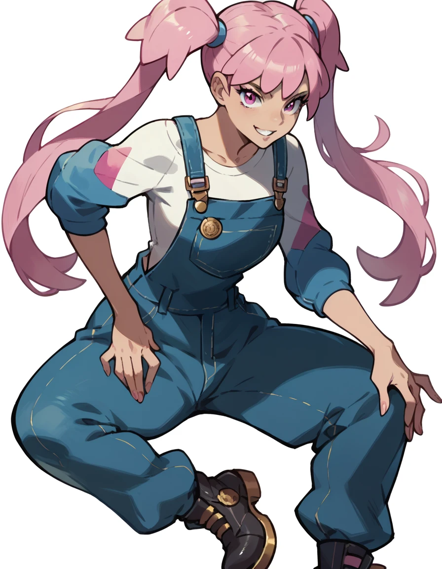 Pokemon Official Arts Style ,Solo ,Human Female ,pink long hair ,twintails , pose ,Boots ,overalls pants womens