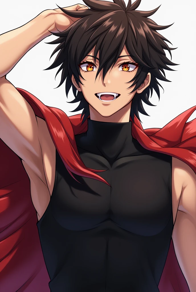 anime, "(man)", genero masculine, 19 years old, black hair with red locks, rhombus pupils , orange iris , tight clothing, black clothes , simple clothes, smile, sharp canines , arrogant expression, medium hair, full body, sleeveless, dissolute, strong, masculine, smile semelhante ao do "Akaza de Demon slayer"