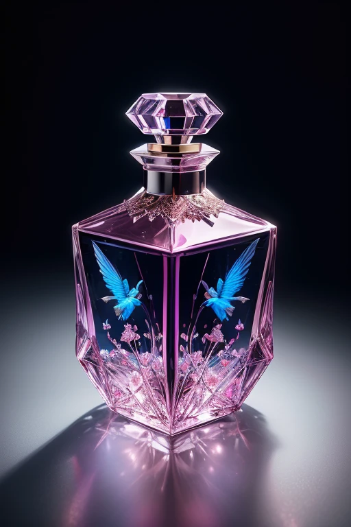 Bottle Design  、 rococo luxury square crystal perfume bottle decorated with beautiful violet flowers and birds、　  decorated with beautiful violet flowers and birds、milk colored background  　 Silver lighting、 30 megapixel   、  Photographed by a Professional Photographer  、Excellent lighting、  Masterpiece