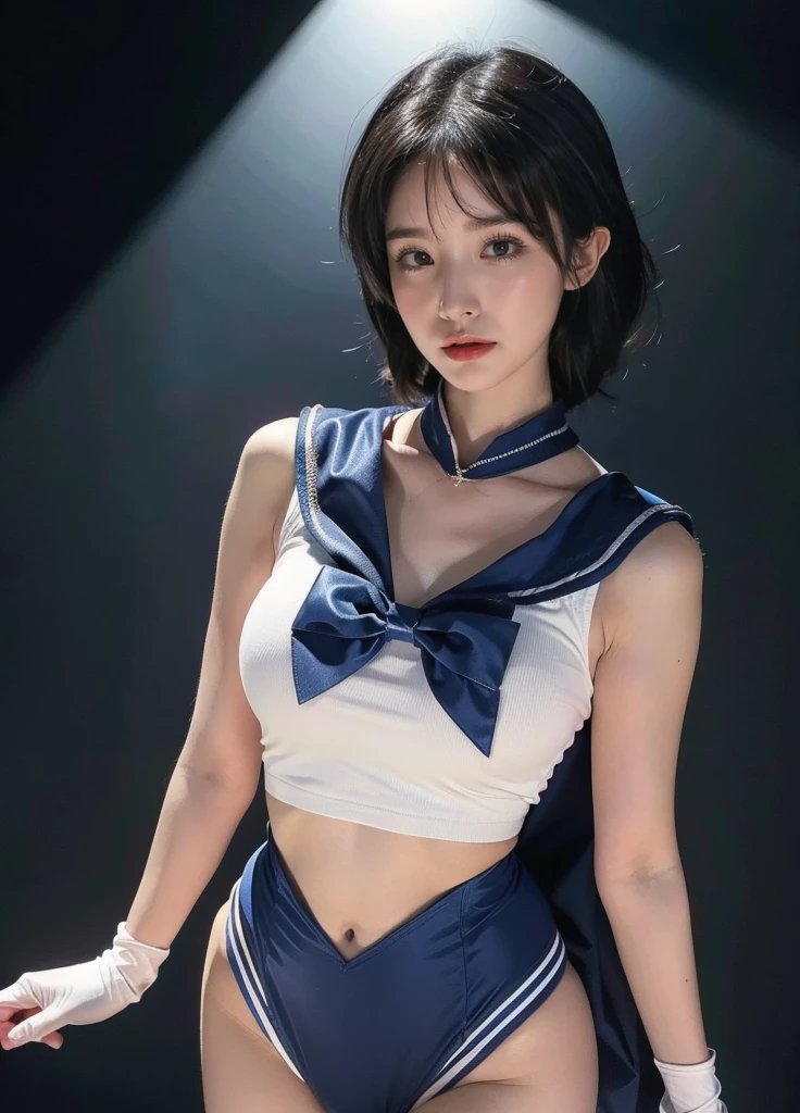 ((Sailor Moon 1:1)) ((Sailor Uranus costume: 1)) Best quality, super high resolution, masterpiece, (Realisticity: 1.6), 16K, (1girl with open navel), (huge), white stockings, full body shot, against the wall, mature smile, busty body, ridiculous lighting