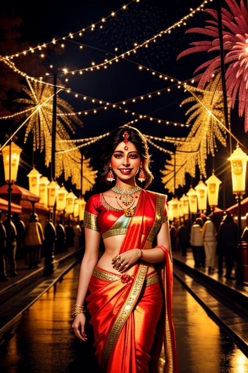  In the enchanting glow of Diwali ,  } the streets come alive with a kaleidoscope of lights and the twinkling rhythm of clay lamps .  Amidst this magical splendor ,  a hypnotic vision awaits . A resplendent young woman ,  dressed in a vibrant red saree ,  stands out as the epitome of grace and elegance .  The intricate details of her outfit shine softly ,  reflecting the warm colors of the festive lights around you and fireworks in the sky , Com cada passo,  she brings an aura of joy and celebration ,  your presence illuminating the entire street with a glow that rivals the brightest fireworks.  As she embraces the spirit of Diwali ,  her infectious smile illuminates not only the scene ,  but also the hearts of all who witness her beauty etch aerial 