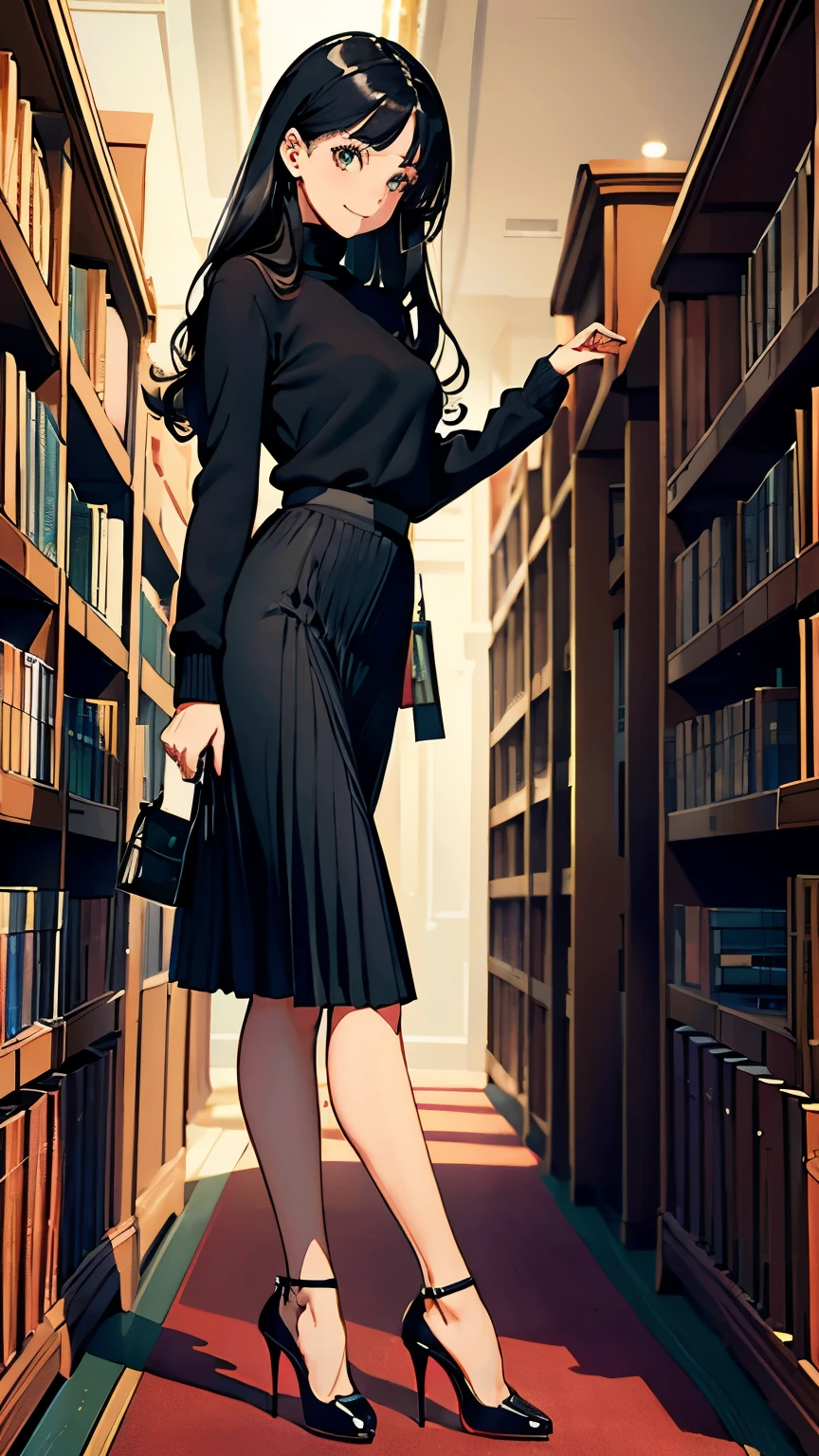    ((masterpiece, high resolution, better quality, better details)), ((Smiling)), ((one girl)) a girl sitting at a large wooden desk, full body, wearing a pleated maxi skirt, long skirt, ((long skirt without openings)), paired with a fitted cardigan, ((Louboutin high heels)), green eyes, ((black hair, long hair)), shiny skin, ((top view)), solo, from above, full body, focus full body, in a stylish office, writing in a notebook