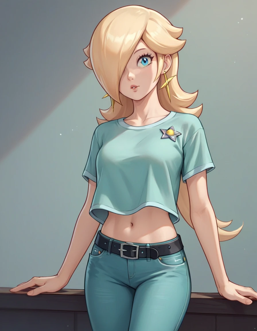 score_9, score_8_up, score_7_up, source_anime, rosalina, blonde hair, blue eyes, hair over one eye, long hair, star earrings, solo, cowboy shot, black t-shirt, taut clothes, midriff, navel, jeans, black belt