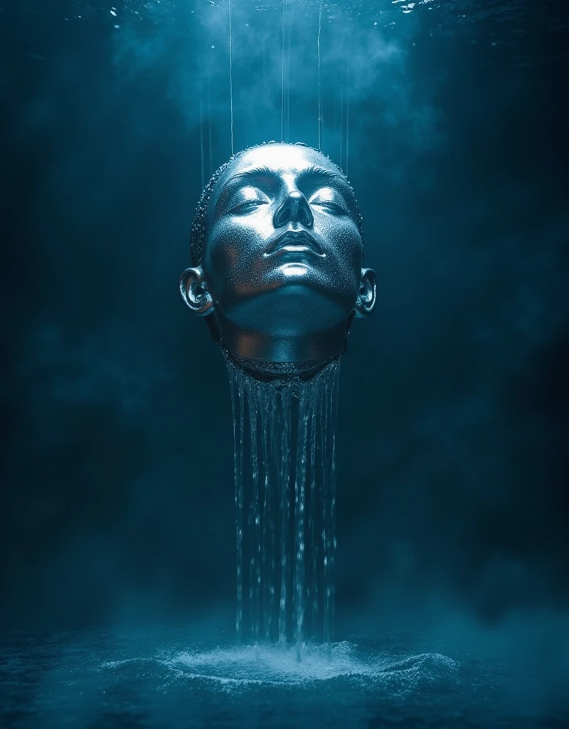  dark blue background , Foreground is a silver metalic floating head sculpture ,with water dripping down from its head like an overfilled cup , water dripping, ,empty space, Dripping to nothing ,