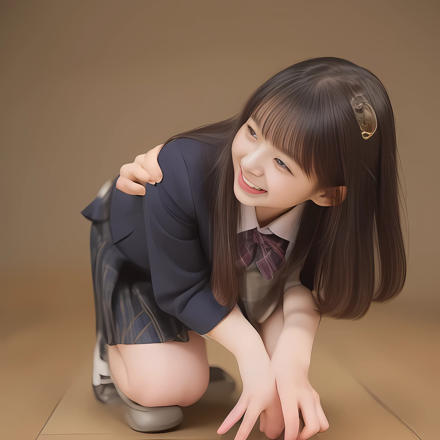 (Highest quality, masterpiece:1.2), Highest quality, High resolution, 1080P, 8k, clearly detailed, low-angle shot, height: 145cm, ((**yo)), (Some **yo idol girls are inviting, bending down deeply at waist, and looking down at the floor, bending down deeply at her waist, their shining eyes are looking down at the viewer directly, Girls faces are looking down and coming close to the viewer, Low-angle-skirt-close-shot from below the girls' knees, ((skirt close shot)), only high altar of succubus in school underground background: 2.0) (Nobly bowing super-pretty shining-long-hair super-beautiful super-bewitching super-cute expensive school-uniform pretty slender **yo-fashion-model of most-beautiful-school-uniform-girl-models photo-magazine in Japan, too beautiful aristocratic daughter laughing down at the viewer, in supreme bliss, bowing and accepts the viewer's every desire: 1.8), (long bottom eye-slashes, long top eye-slashes), (very bewitching beautiful full-open lips: 1.4), (neat gorgeous school uniform of private high school in Japan. navy-school-blazer with gold-emblem, super-neat navy-blue-lined-tartan-checkered light-sky-blue-pleats-school-skirt, super-girly plain-red ribbon on the breast: 1.5), (bewitching expression, smile, lips, and pose to corrupt the viewer, everything is planned and prepared to corrupt the viewer into the allusion of love towards the girl: 1.2), (clearly detailed foreground focusing on girl's beauty and cuteness, gorgeous blue girly bed background of full-of-girls girly-heaven: 1.2), (some girls are putting her beautiful both hands and fingers on the viewer to tear off the viewer's cloths lustily and forcibly, which may also open the viewer's brain, pouring her girly white ecstasy drool to the viewer: 1.5), (sky-blue school skirt, beautiful legs, loafers: 1.6), (detailed brown eyes: 1.5), (Strong lustful hypnotic wind blows her hair from her back: 1.4), (Too sweet much condensed milk is dripping from her hanged palms: 2.0)