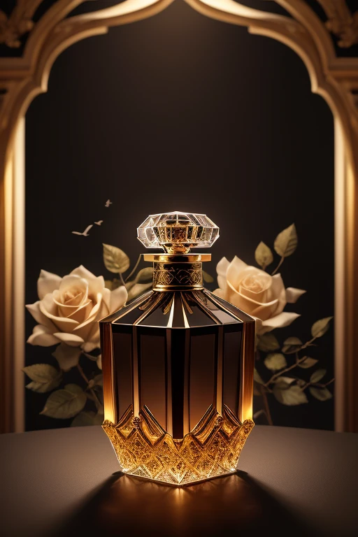 Bottle Design  、 rococo luxury square crystal perfume bottle decorated with beautiful violet flowers and birds、　  decorated with beautiful violet flowers and birds、milk colored background  　 Silver lighting、 30 megapixel   、  Photographed by a Professional Photographer  、Excellent lighting、  Masterpiece