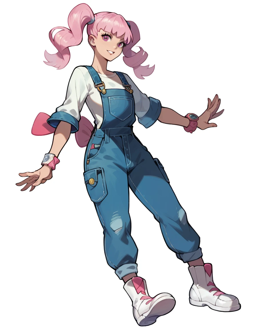 Pokemon Official Arts Style ,Solo ,Human Female ,pink long hair ,twintails , pose ,Boots ,overalls pants womens,Full body 