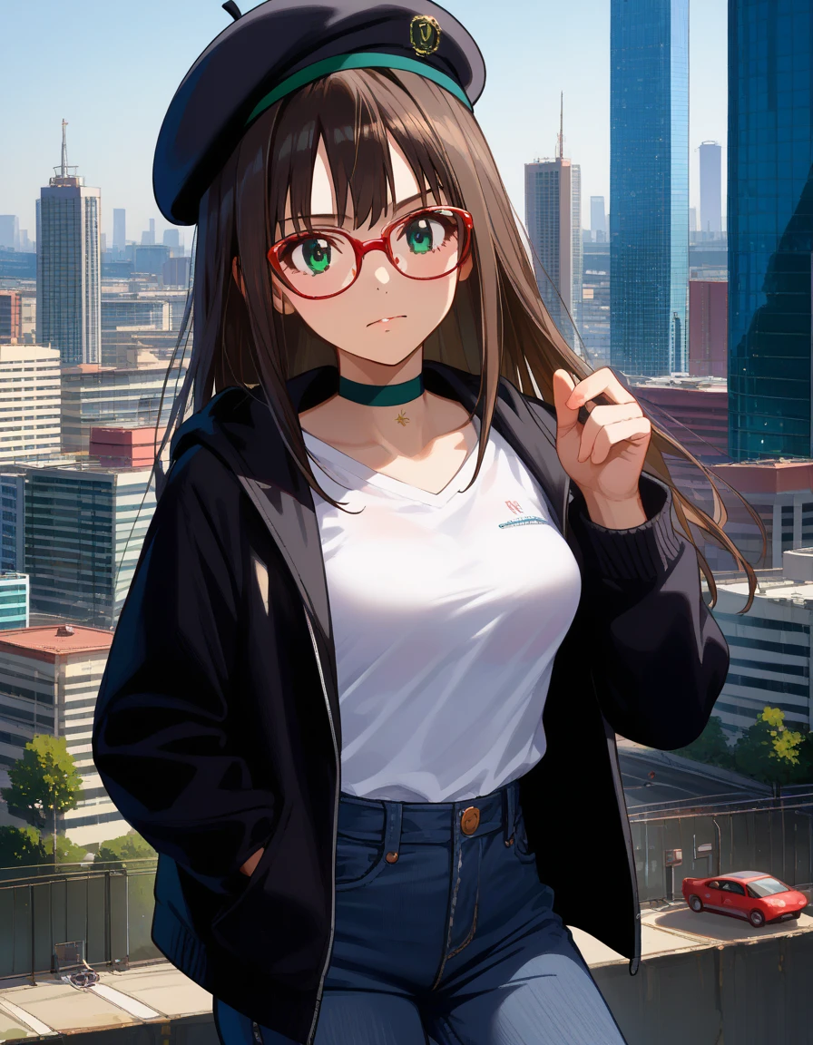 ( Ultra Realistic Photo , RAW photos  , realism , 3d rendering ,Unity Engine), BRAEK ( one girl ,15yo,Shibuya Rin, black hair,  green eyes,  long hair,(medium breasts:1.2), grey hoodie, white shirt, black jacket, denim pants, white sneakers, beret, red glasses, choker, ), break アウトドア, cityscape,  viewers, macro shot, breasts focus, break (masterpiece、 top quality 、 super detailed 、 insanely detailed、Exquisite、 beautiful、Full HD、16k、( absurd))