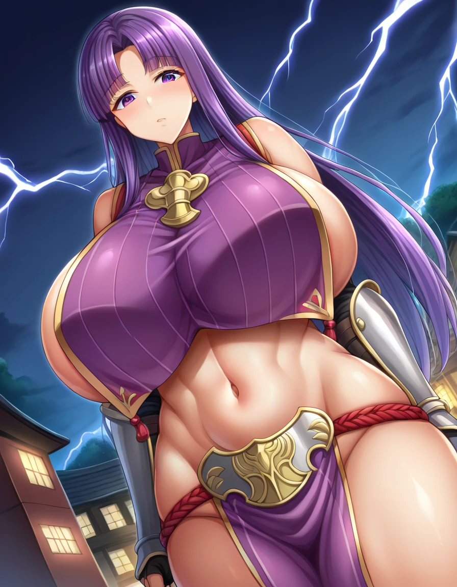 score_9, score_8_up, score_7_up,  source_Anime, Lightning, Lightning,  split bang,  purple eyes , Purple Hair,  long hair, hime cut, Forehead,  mature woman, Arm guard, armor, black  gloves,  bodysuit , fingerless  gloves,  gloves, japanese armor, , loincloth, purple  bodysuit , Ribbed sleeves, Tabard,  adjusted,  outdoors on the street at night, cityscape,  bend your back,  is watching viewers,  cowboy shot,  Dutch Angle,、 zzz c up , Exploding chest,特大の Big Breasts,Big Breasts, Big Breasts,超Big Breasts, supermilk ,big Breasts,big Breasts,Big Breasts,Big big breasts,bigger breasts,big,セクシーな大きなシリコンの Big Breasts,セクシーなビッグサイズのシリコン製Big Breasts, saggy breasts,((垂れ下がった Big Breasts)),((重く垂れた Big Breasts:1.5))、Obscene body,Fat ,,  Erotic Manga Style Body  、  mature body steam  、 Sir's huge  、 Sir's huge  、 Too exaggerated  、 extra large、 over covered ,  hidden chest erection  、  abs