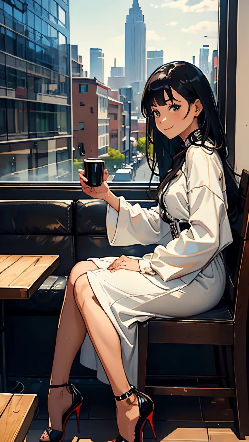    ((masterpiece, high resolution, better quality, better details)), ((Smiling)), ((one girl)) a girl sitting at a large wooden desk, full body, wearing a pleated maxi skirt, long skirt, ((long skirt without openings)), paired with a fitted cardigan, ((Louboutin high heels)), green eyes, ((black hair, long hair)), shiny skin, ((top view)), solo, from above, full body, focus full body, in a stylish office, writing in a notebook