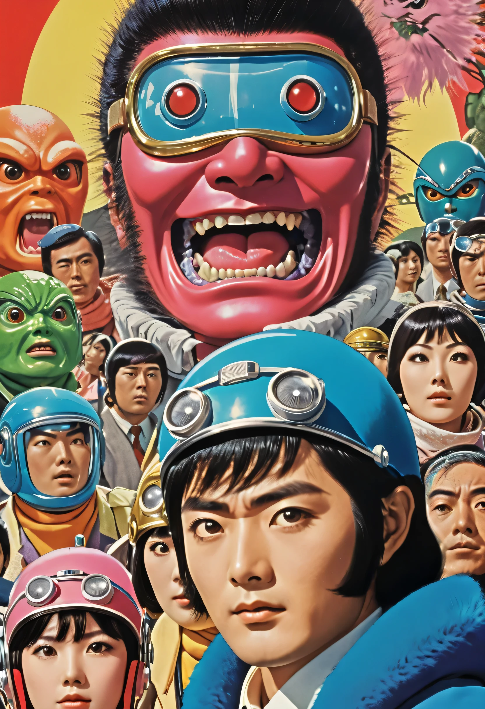  Manga characters,    1970's comic art   ,    1970's Japanese TV    show monster, detailed    Digital Paint,    bright color,    dynamic composition   , Dramatic lighting,    vintage aesthetics      , ( top quality,4K,8k,     high definition   ,masterpiece:1.2),  {{more}} ,(   realistic   ,photo   realistic   ,photo-   realistic   :1.37),   Extremely Detailed Eyes and Faces  ,   has long eyelashes,  Beautifully Drawn   ,   dynamic composition   ,Dramatic lighting,   bright color,   retro anime style poster 、  retro futuristic   ,1960s anime   ,   1970's Japanese TV   ,  Tsuburaya Productions ,   ninja   ,  SFX transformation hero  , Manga art,   Digital Paint