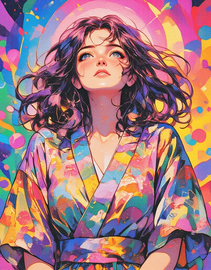 Woman wearing a Japanese yukata. Groovy retro vibes, Love and Peace Psychedelic, Hippie Girl Portrait and Flowers, Floral Hippie Art, Colorful Psychedelic Floral, retro futuristic, flat Illustration, Electro Madness, ArsMJStyle, Oil Pastels, drawing