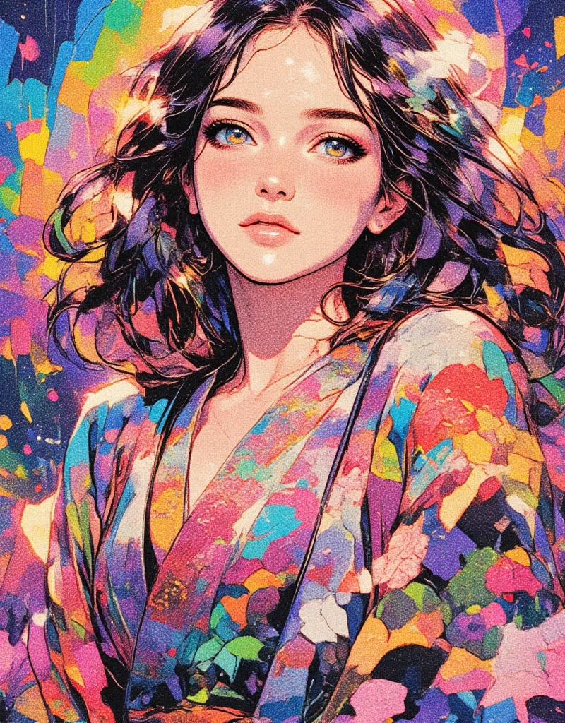 Woman wearing a Japanese yukata. Groovy retro vibes, Love and Peace Psychedelic, Hippie Girl Portrait and Flowers, Floral Hippie Art, Colorful Psychedelic Floral, retro futuristic, flat Illustration, Electro Madness, ArsMJStyle, Oil Pastels, drawing